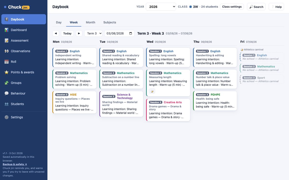 Chuck jnr daybook showing each day's sessions by subject